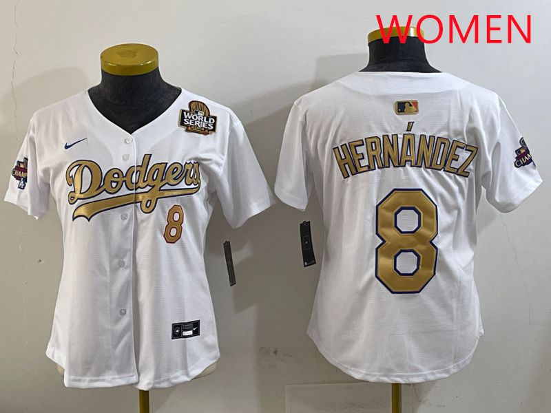 Women Los Angeles Dodgers #8 Hernandez White Gold Game Nike 2025 MLB Jersey style 4296->youth mlb jersey->Youth Jersey